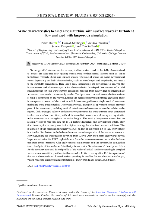 Wake characteristics behind a tidal turbine with surface waves in turbulent - Physical Review Fluids 9.pdf